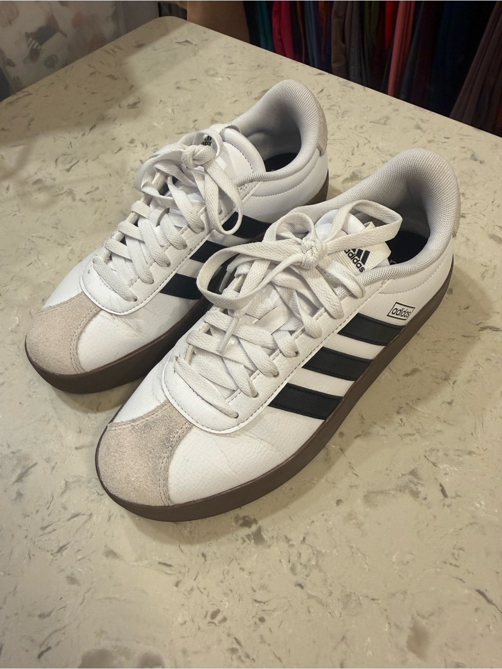 adidas White Sneakers with Black Stripes and Brown Sole